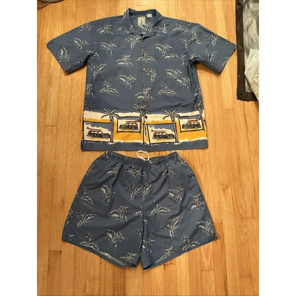 Roundtree & Yorke Men’s Beach Shirt & Swim Shorts Set Sz L Cotton